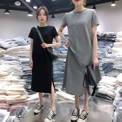 Women Black Slit T-Shirt Mid Length Round Neck