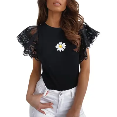 White Lace Short Sleeve Top with Round Neck