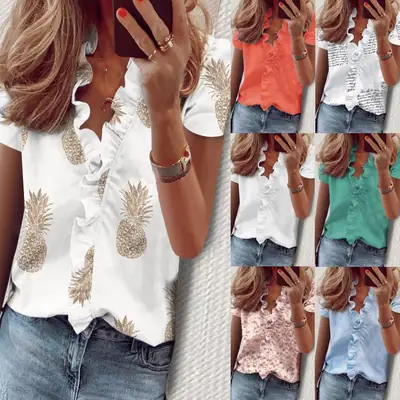 Women Ruffled Crossbody Summer Shirt White Short Sleeve