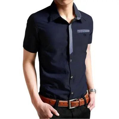 Men's Navy Pure Cotton Short Sleeve Shirt Slim Fit