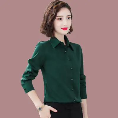 Dark Green Long Sleeve Button-Down Shirt for Women