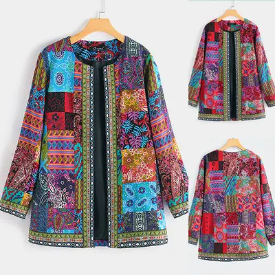 2023 Vintage Cotton Printed Long Sleeve Coat Multicolor