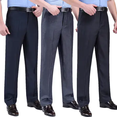 Men Grey High Waist Cotton Business Pants Large