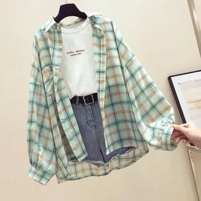 Women Plaid Shirt Sun Protection Jacket 2025 Loose Korean Style