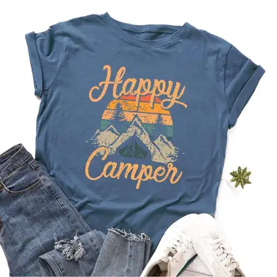 Women Cotton Happy Campers T-Shirt Maroon Short Sleeve