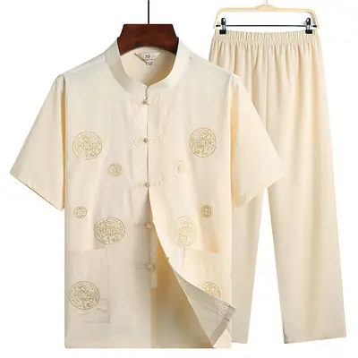 Red Tang Suit for Men Elderly Linen Casual Set