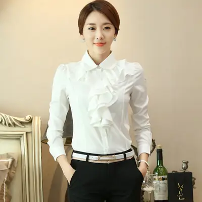 White Ruffled Collar Shirt for Women Long Sleeve Professional