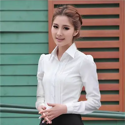 Women's White Long Sleeve Business Shirt Slim Fit