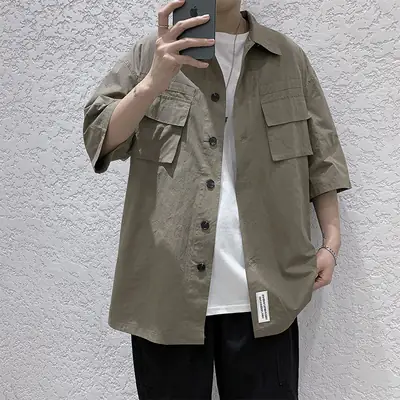 Men's Light Gray Short Sleeve Korean Style Shirt