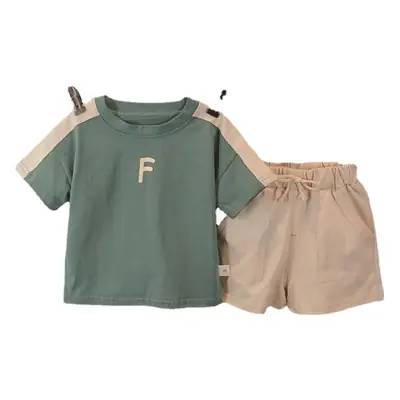 Boys Summer T-Shirt Shorts Set Green Beige F Letter