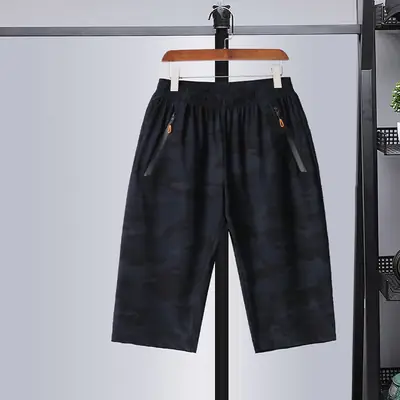 Large Size Men's Black Ice Silk Cropped Pants