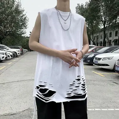Men Sleeveless T-Shirt Black Graphic High Street Style