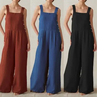Women Wide Leg Jumpsuit Blue Cotton Linen Side Buckle