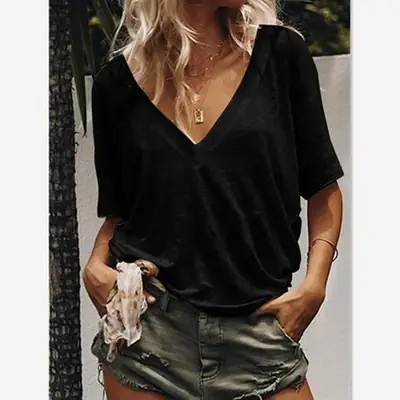 Women V Neck Short Sleeve T-Shirt Solid Color