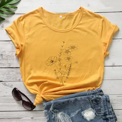 Women Yellow Floral T-Shirt Short Sleeve Cotton