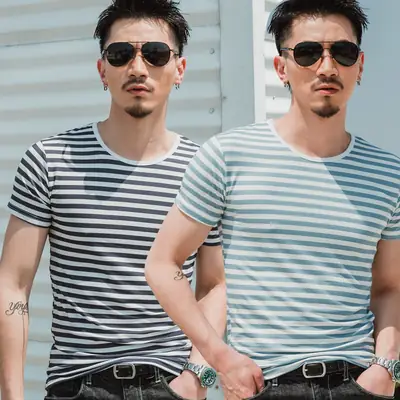 Men Striped Short Sleeve T-Shirt Grey Casual Summer Wear