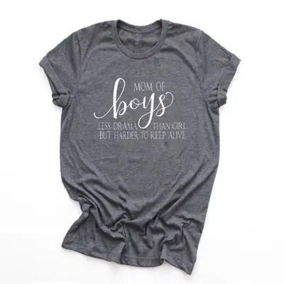 Mom of Boys T-Shirt Grey Short Sleeve Letter Print