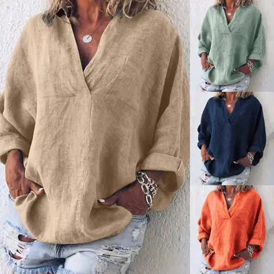Women's Orange V-Neck Long Sleeve Pullover Top