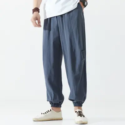 Men Chinese Style Casual Trousers Solid Blue Summer