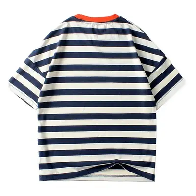 Kids Striped T-Shirt Navy Blue Orange Sleeve