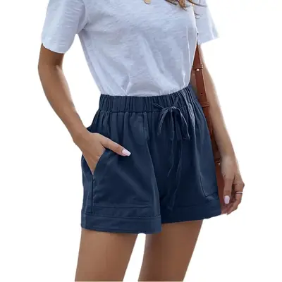 Blue Wide Leg Elastic Waist Shorts for Women