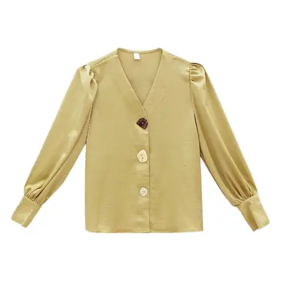 Women V-Neck Light Gold Blouse with Lantern Sleeve 2024