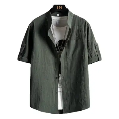Cotton Linen 54Sleeve Cardigan Men Korean Style Olive