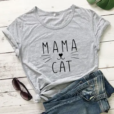 Mama Cat Print Grey T-Shirt Short Sleeve