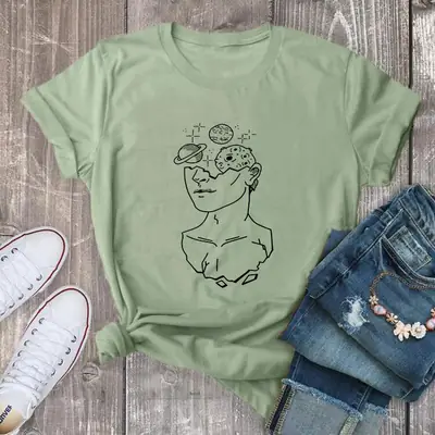 Universe Women's Green Letter T-Shirt with Cartoon Design