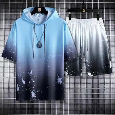 Men Gradient Drop Hoodie Shorts Set Blue White