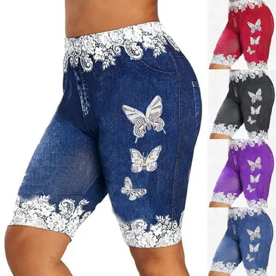 Blue Butterfly Print Leggings with High Waist Design