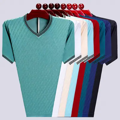 Men V-Neck Silk T-Shirt Blue Medium