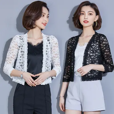 Women's 2020 Lace Short Coat White Black Embroidered