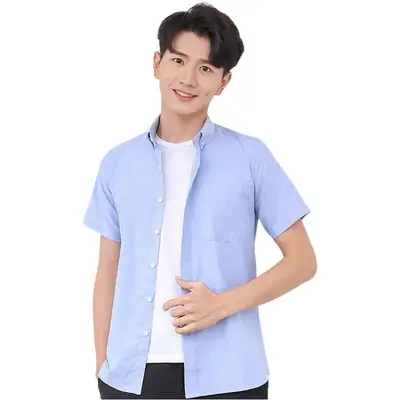 Men Light Blue Short Sleeve Oxford Shirt