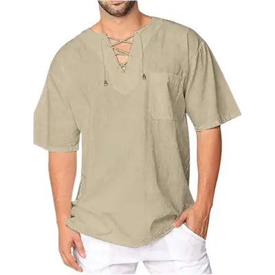 Men's Olive Green Lace Collar T-Shirt Short Sleeve Cotton Linen