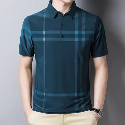 Men Green Checkered Polo Shirt 2023 Summer