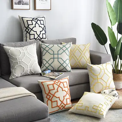 Cotton Linen Geometric Pillow Cover White