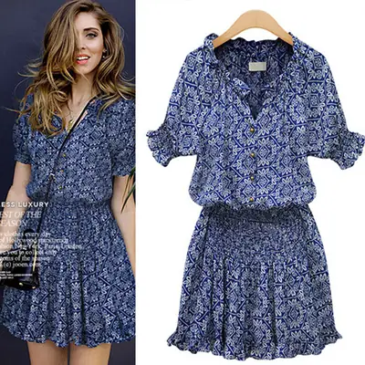 Women's Blue Printed V-Neck Chiffon Dress