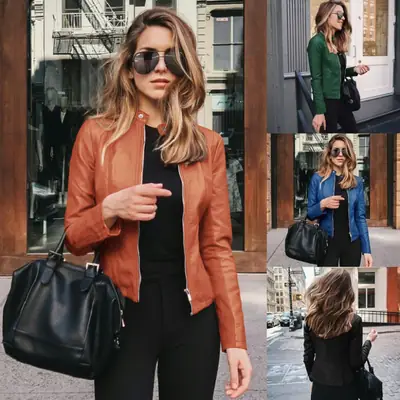 Women's Leather Pu Jacket Suit Autumn Winter Black