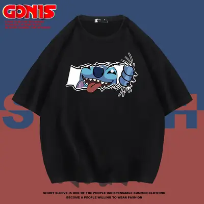Men Women Cartoon T-Shirt Black Short Sleeve Cotton Loose