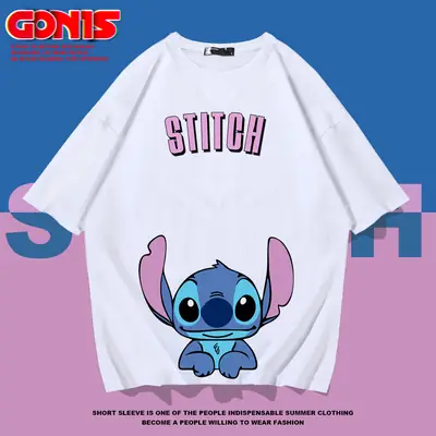 Stitch Themed Blue T-Shirt Women Men Summer Loose Fit