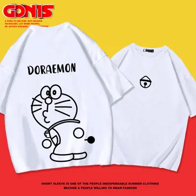 Men Women Doraemon Cotton T-Shirt Red Loose Fit