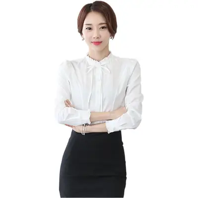 White Long-Sleeved Korean Style Chiffon Shirt for Women