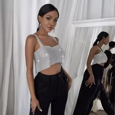 Green Rhinestone Backless Top for Women