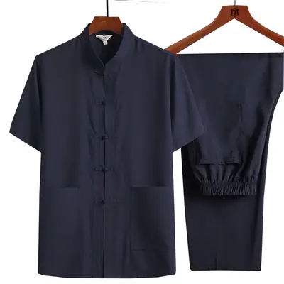 Light Blue Linen Taiji Suit for Men Morning Exercise