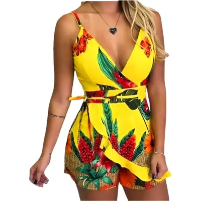 Dark Blue Floral Printed One-Piece Shorts Set