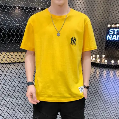 Men Grey Embroidered Cotton T-Shirt Short Sleeve Summer