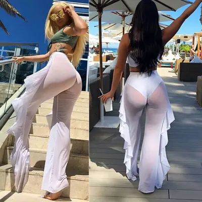 2024 Cross-Border Ruffled See-Trouser Set White