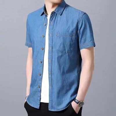 Men Blue Denim Short Sleeve Shirt Slim Fit Washable