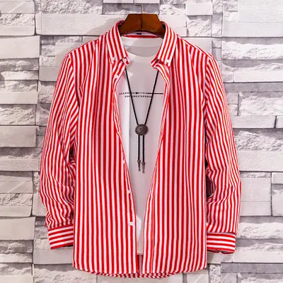 Men Navy Red Striped Long Sleeve Shirt